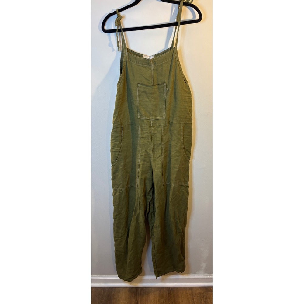 CAMP HOLLYHOCK Olive Green Linen Overalls L V Wide Leg Boho